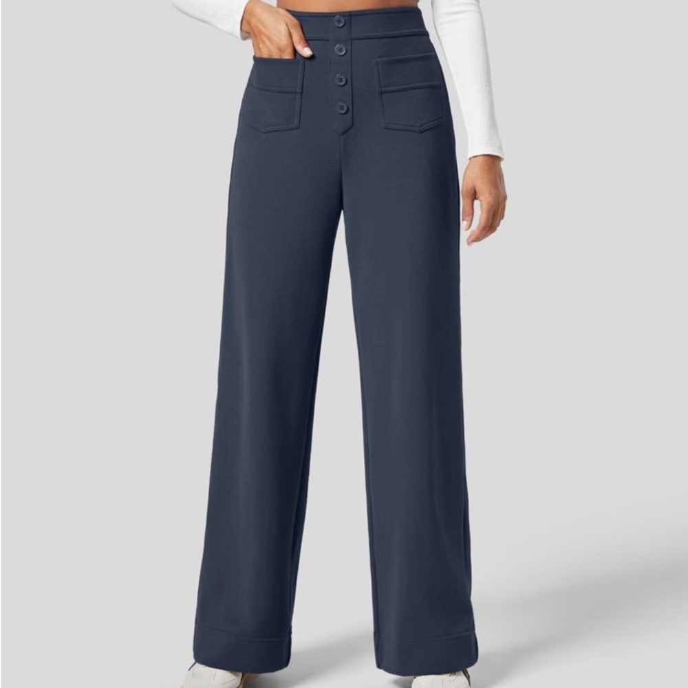 NWT HalaraHigh Waisted Buttons Wide Straight Leg Casual Navy Pants Sz 2X. #A8